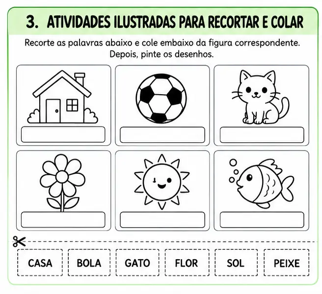Criança realizando o bônus Atividades Ilustradas para Recortar e Colar