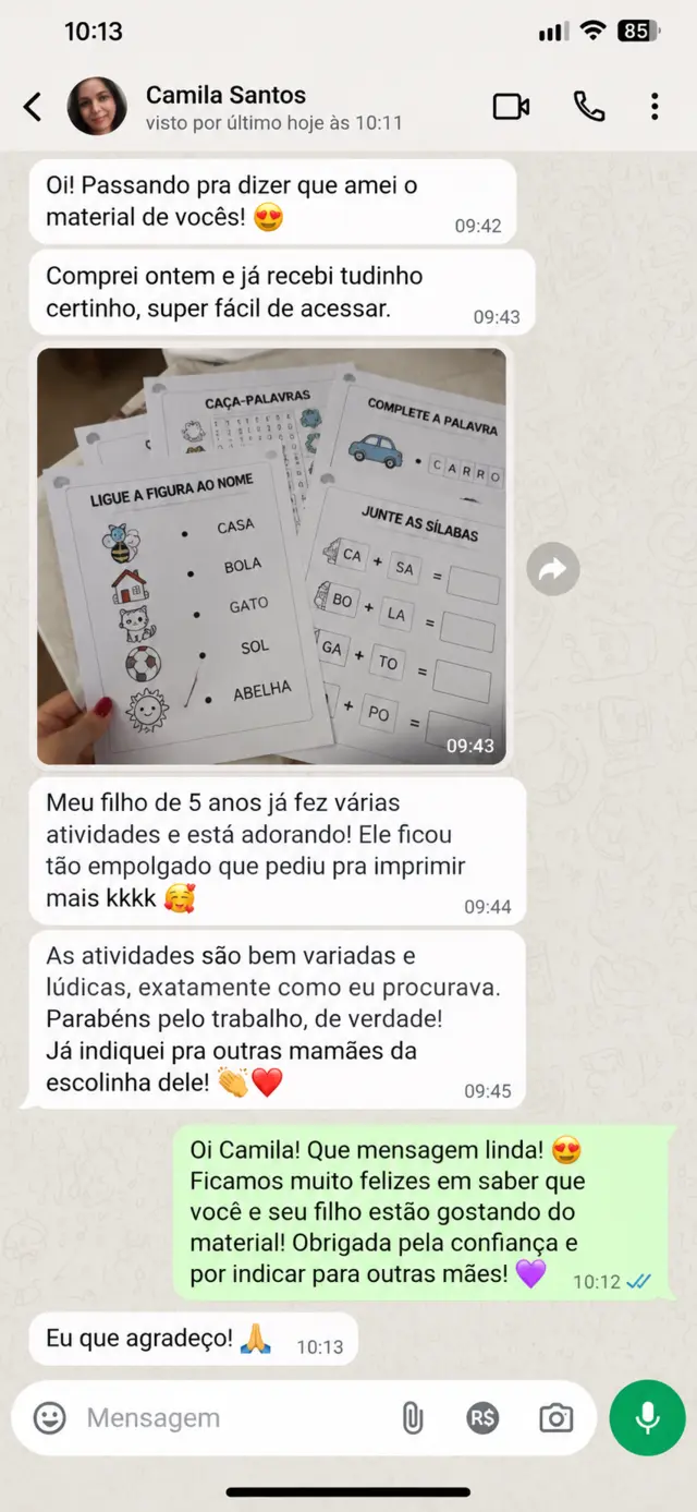Feedback de Camila Santos sobre o material de alfabetização