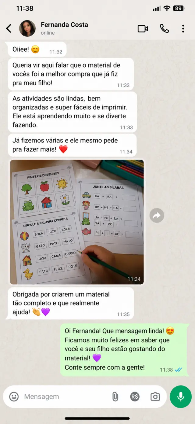 Feedback de Fernanda Costa sobre o material de alfabetização