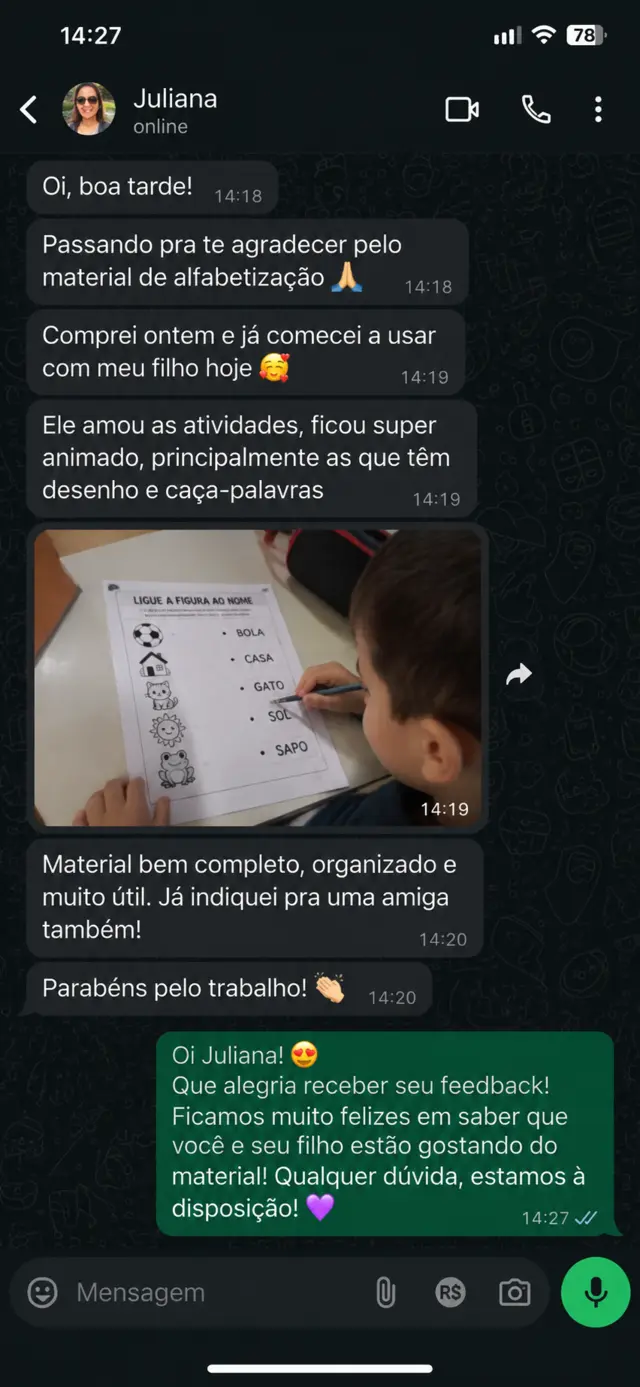 Feedback de Juliana sobre o material de alfabetização